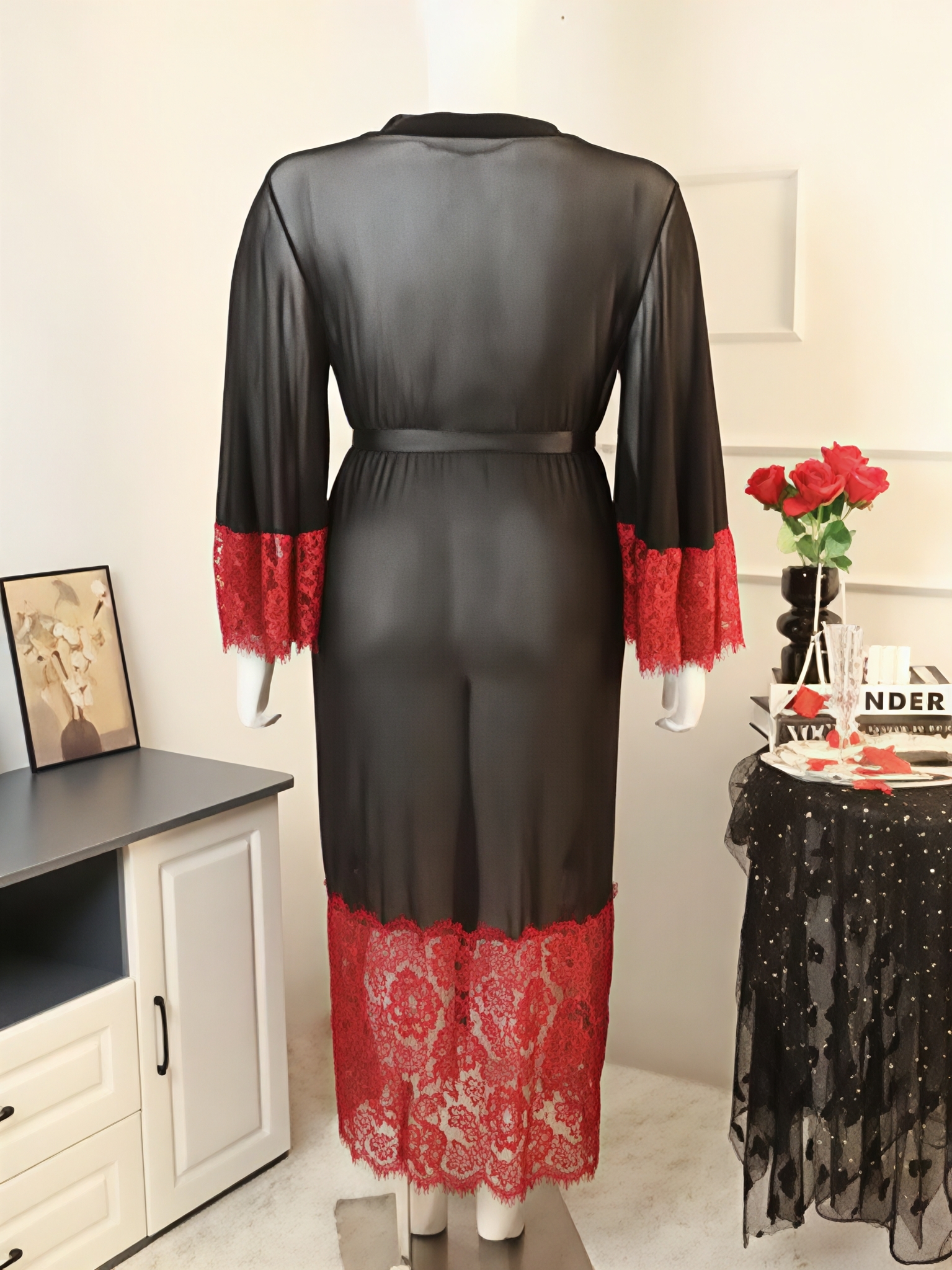 Mesh see-through sexy robe deep V-neck red lace splicing laced waist large size home wear bathrobe hot-sale products