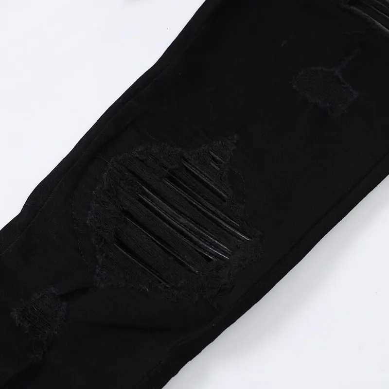 European and American designer high street fashion new black mens jeans stretch slim fit retro washed leather patch jeans hip-hop X250718