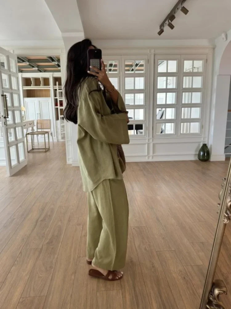 Casual Beading Lace Up Shirt Pants Set Women Loose V Neck String Long Sleeve Shirt Wide Leg Pant Autumn Chic Lady Outfit 250715