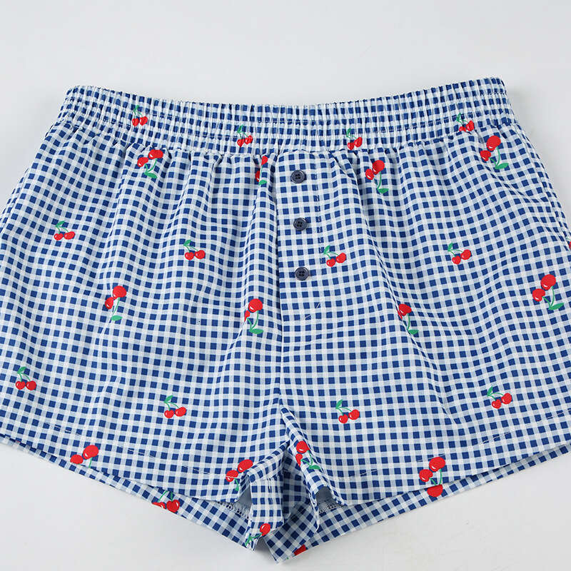 Women's Home Casual Hot Pants Cherry Plaid Print Button Beach Vacation Style High Waist Shorts B5 g7