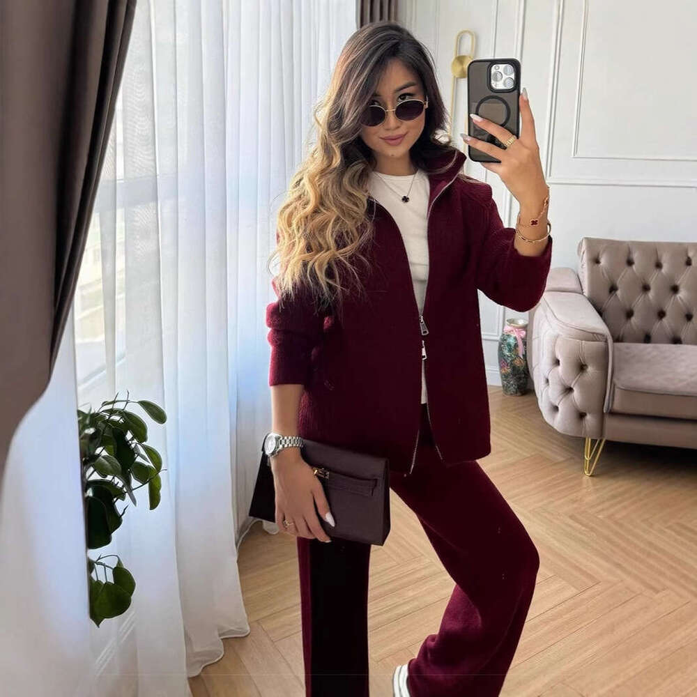 Angora Red Sweater Set Zipper Top Coat + Wide-Leg Pants Knitted Casual Women's Clothing B5