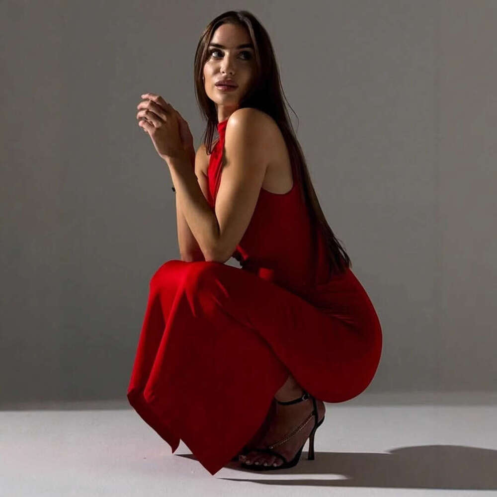 TRAFZA Women's Fashion Sleeveless Ruched Slim Fit Long Split Dress B5