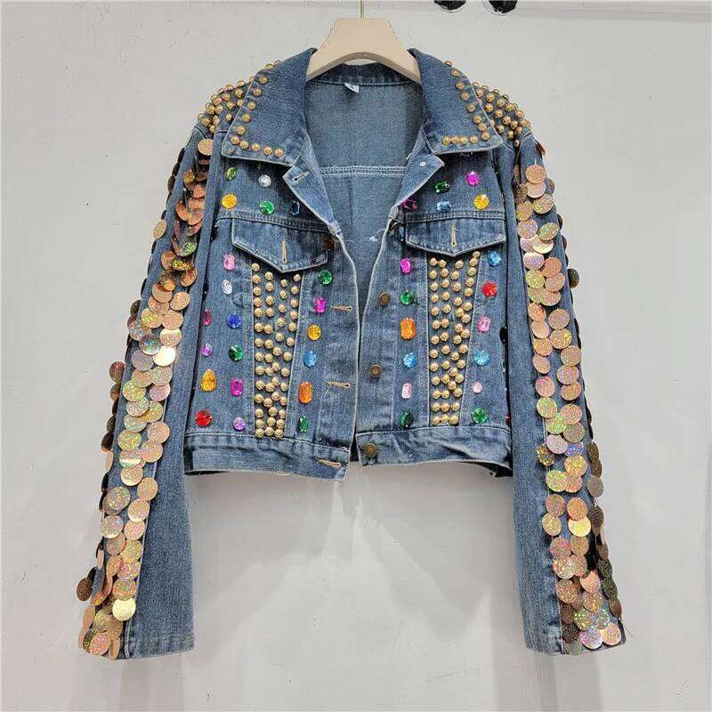 Women Rainbow Dias Beaded Denim Jacket Rhinestones Rivets Jeans Bright Green Sequined Sleeve Cowboy Coat Cardigan Tops