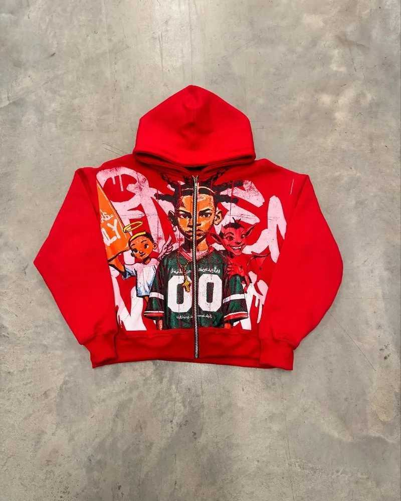 European and American Trendy Brand Hip-hop Cartoon Printed Fashion Zipper Hoodie Men Y2k Goth Hip-hop Oversized Sweatshirt Women X2507181
