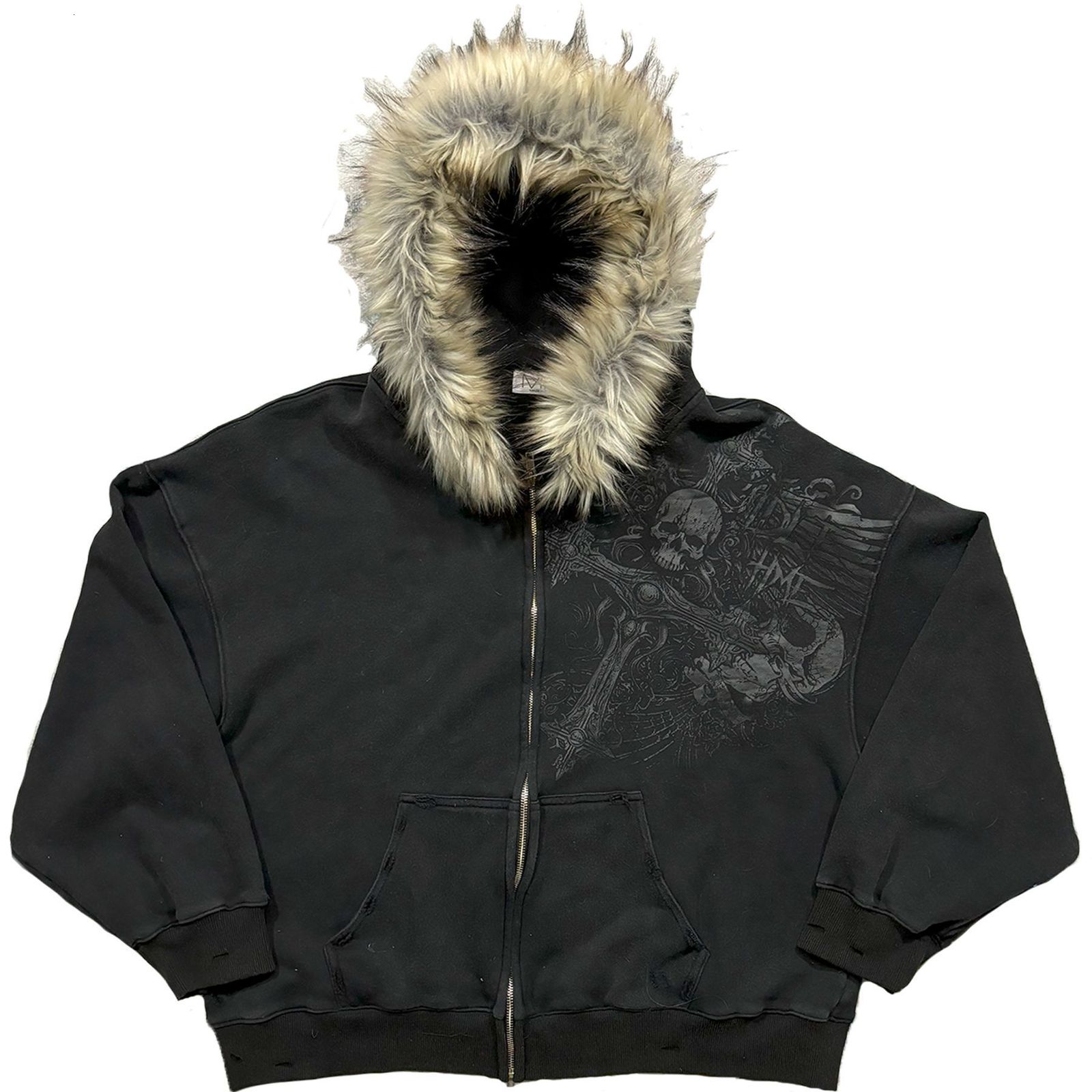 2025 Street fashion Winter personality print zipper hoodie for men Y2k Harajuku vintage fur collar warm loose jacket 250102 3b