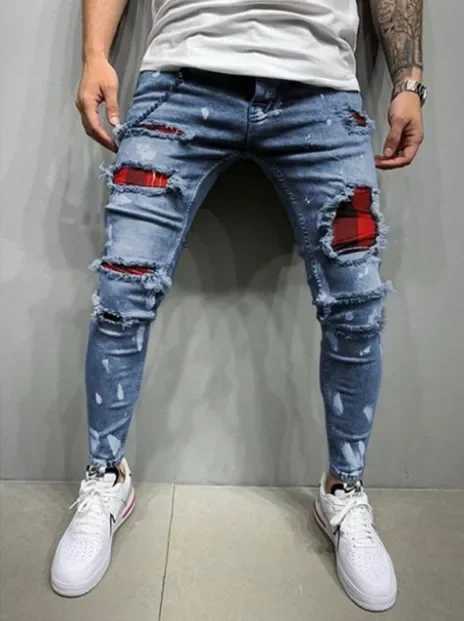 2025 Jeans Pencil Pants Holes Distressed Men Streetwear Denims Patchwork Mid Waist Slim Fit Washed Denim Ankle Length Trousers X250718