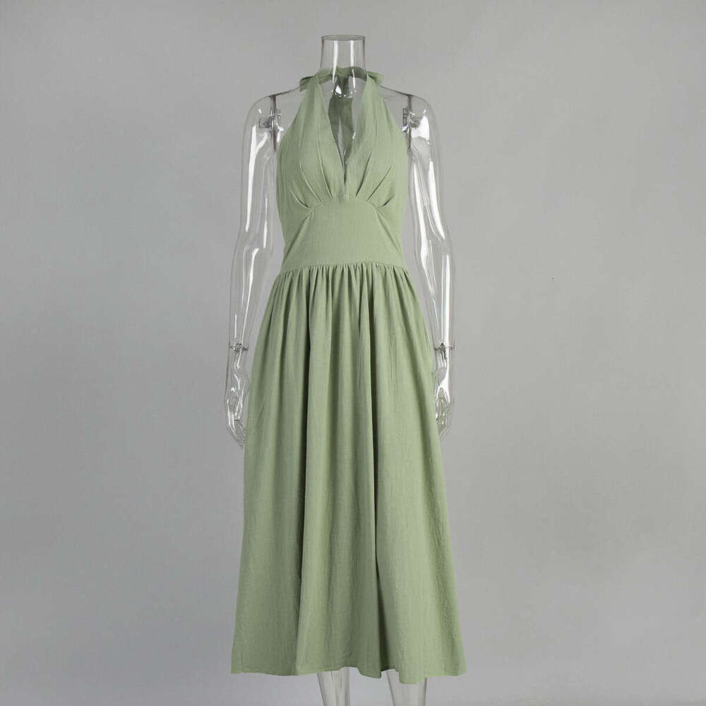 Pure Cotton Spring Summer Waist-Cinching V-Neck Tie Long Flared Dress For Women B5