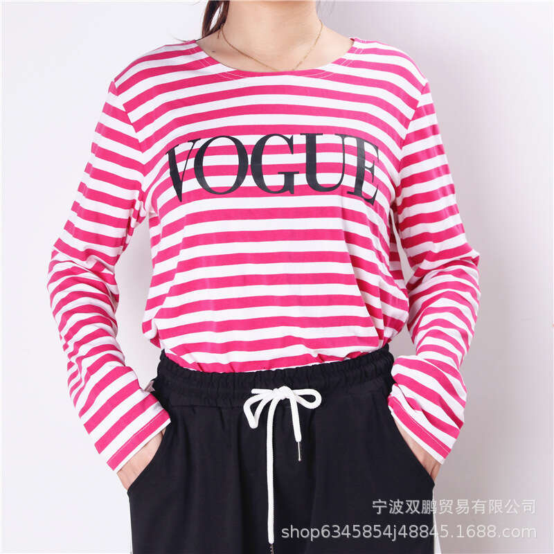 Spring Summer New Printed Striped Cotton Long Sleeve T-Shirt Women's Style Soft Loose Top Vogue B5