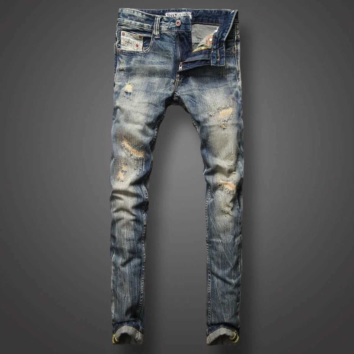 2023 Spring and Autumn New Fashion Casual Solid Color Vintage Ripped Jeans Mens Slim Comfortable Elastic High-Quality Jeans X2507181