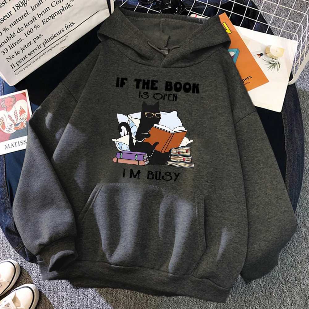 If The Book Is Open Im Busi Black Cat Hoody Women Casual Crewneck Hoodies Fashion Loose Clothes Fce Pullover Sweatshirt XJ250717