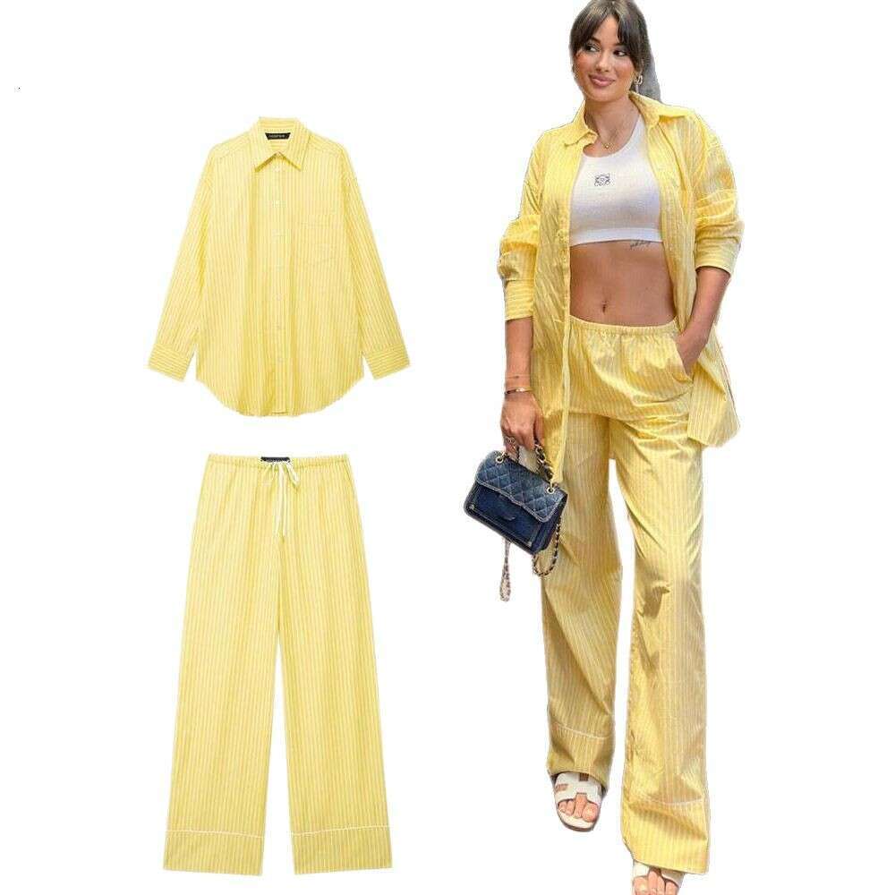 TRAFZA American Spring Summer New Striped Loose Shirt Pajama Style Long Pants Set B5