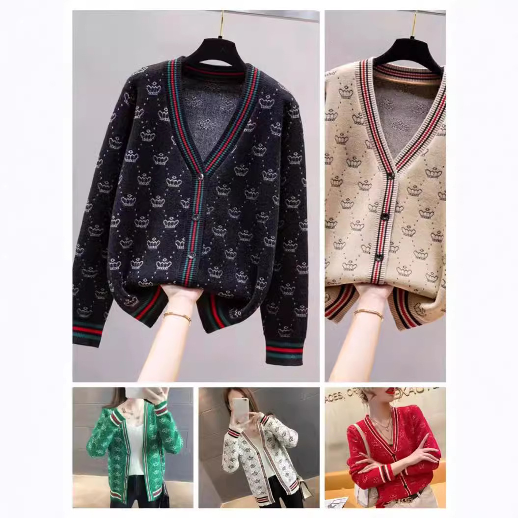 Spring and Autumn Coat Crown Jacquard Knitted Cardigan Womens Short Sweater Cardigan Classic Versatile Casual Slimming 250718