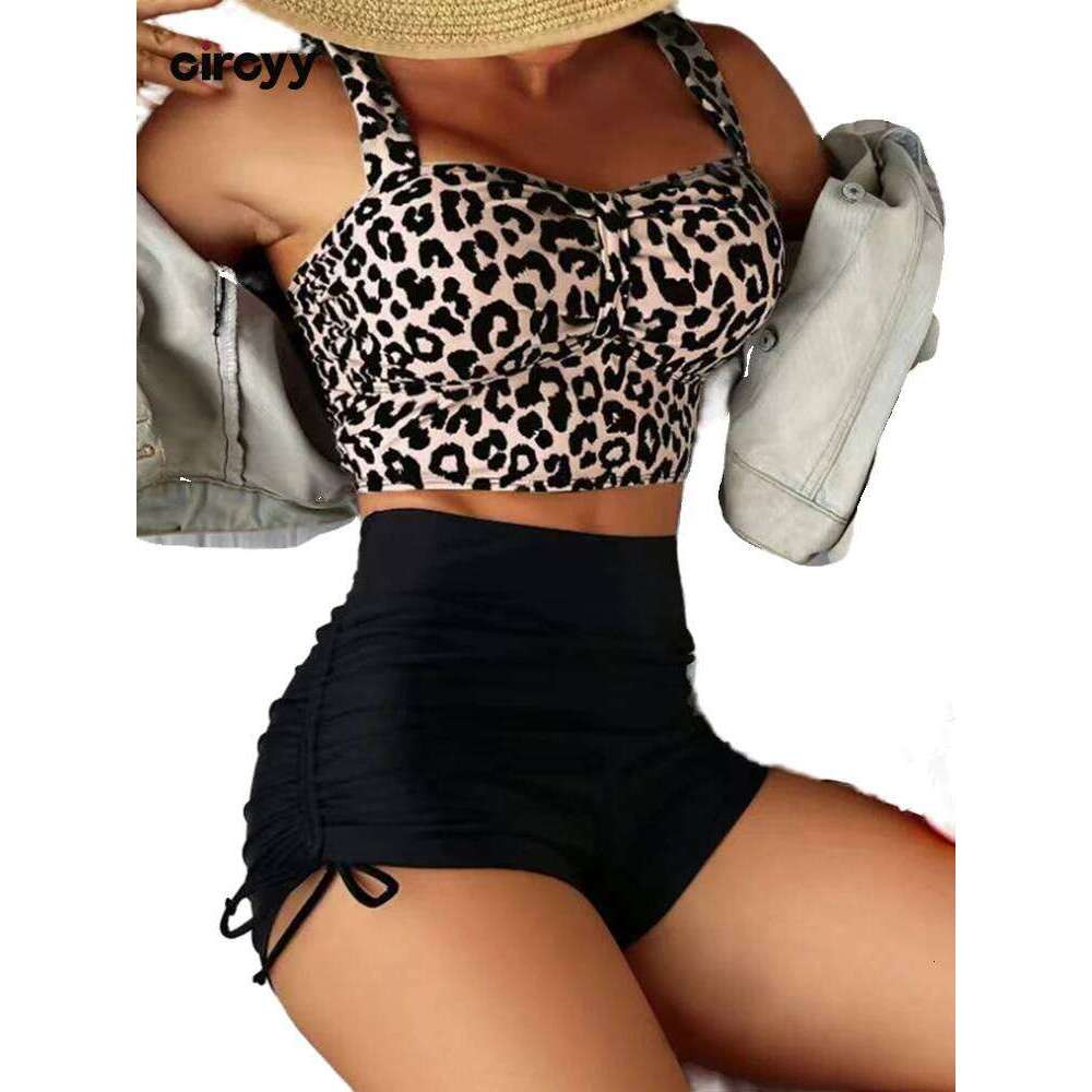Circyy Cheetah Print Swimwear Women Backless Fashion Bikini Set High Waisted Drawstring Split Swimsuit Summer 2025 New Beachwear