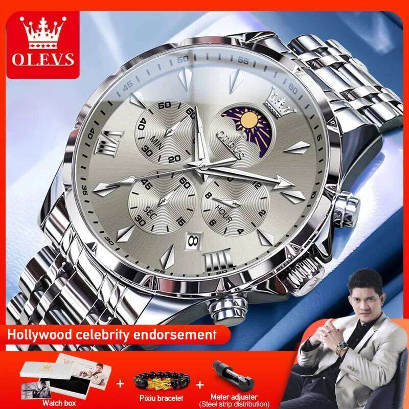 OLEVS 3653 Mens Quartz Multifunctional Chronograph Watch For Men 30M Waterproof Luminous Moon Phase Box Original free shipping