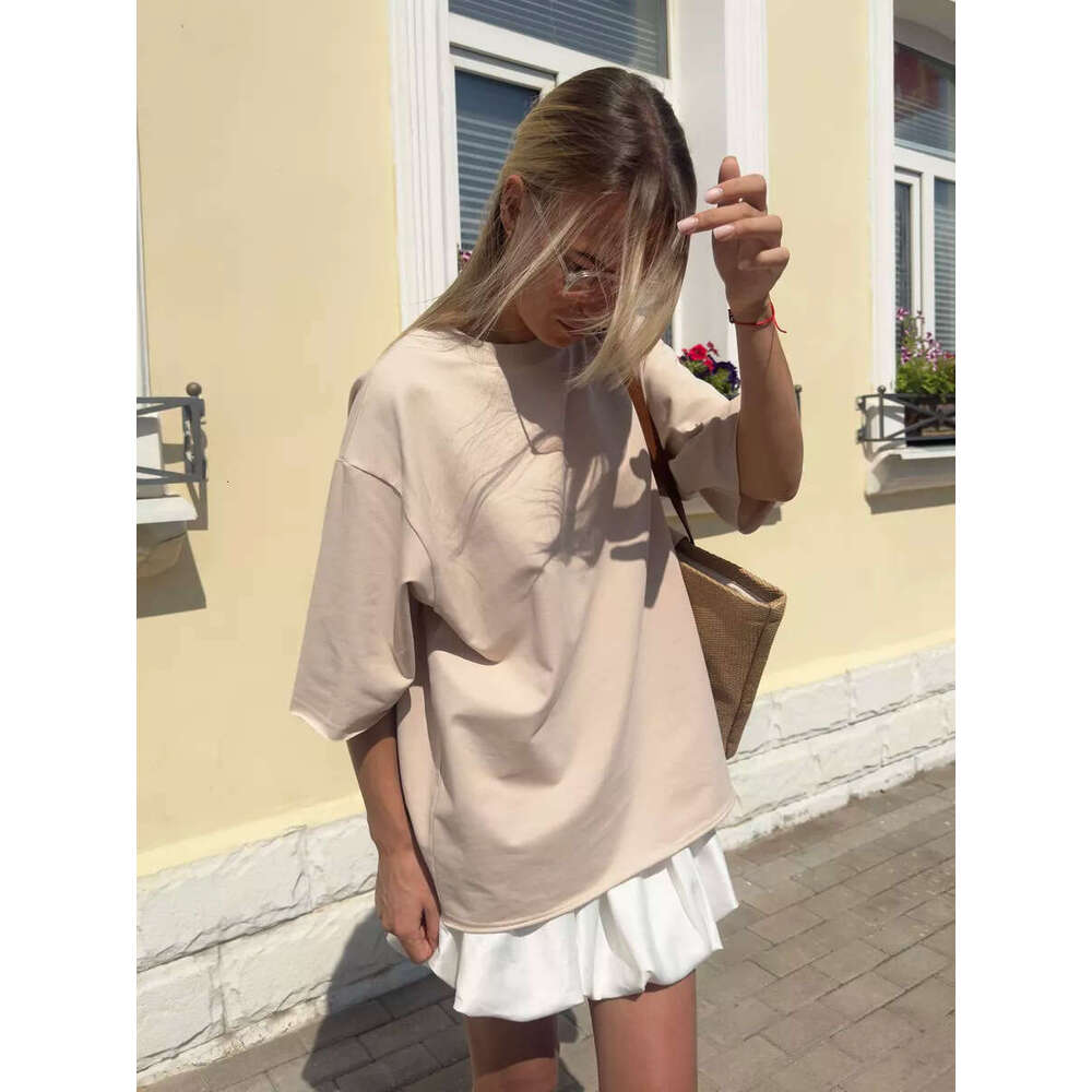 Pure Cotton T-Shirt For Women, Frayed Crew Neck, Terry Cloth, Short Sleeve, Loose Basic Top B5