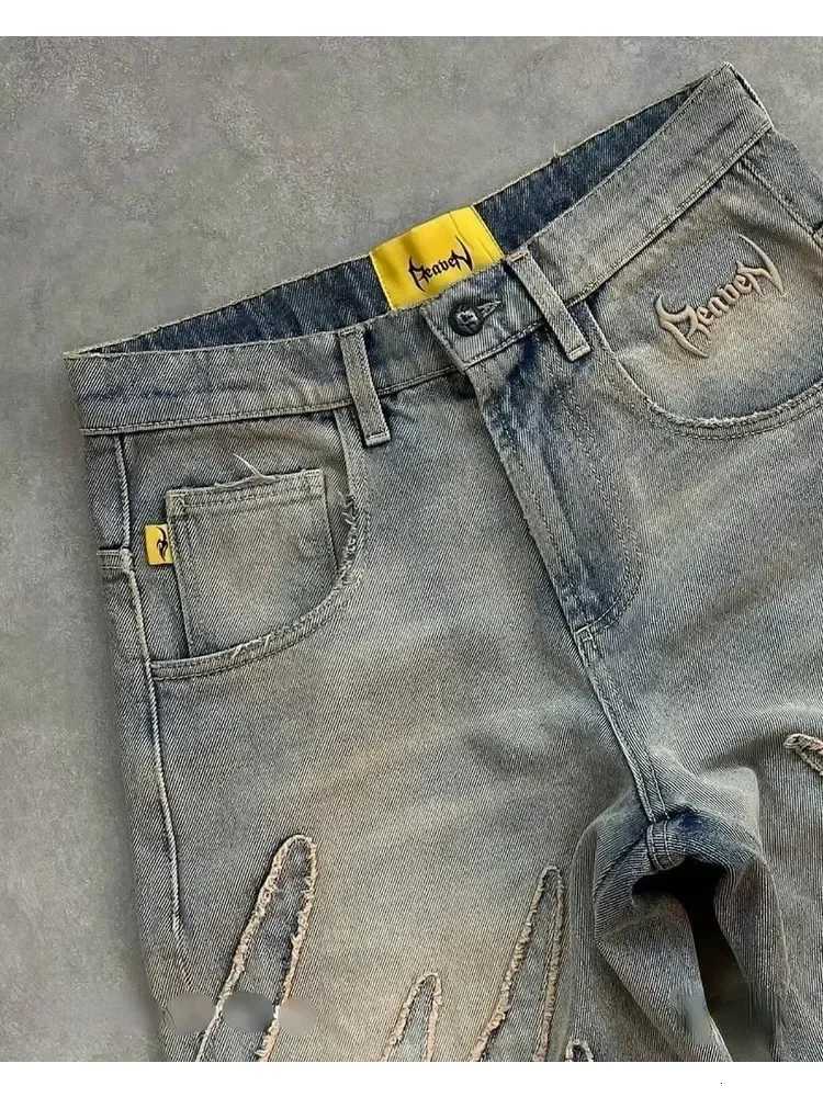 Streetwear Fashion Retro Hip Hop Flame Embroidery Loose High Waisted Men Jeans Female Y2K New Harajuku Gothic Wide Leg Pants X250718