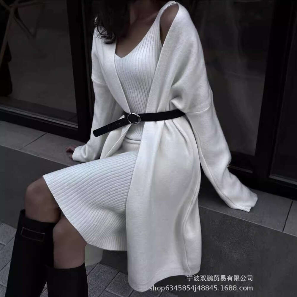 New Solid Color V-Neck Pullover Dress + Sweater Cardigan Elegant Knitted Set B5
