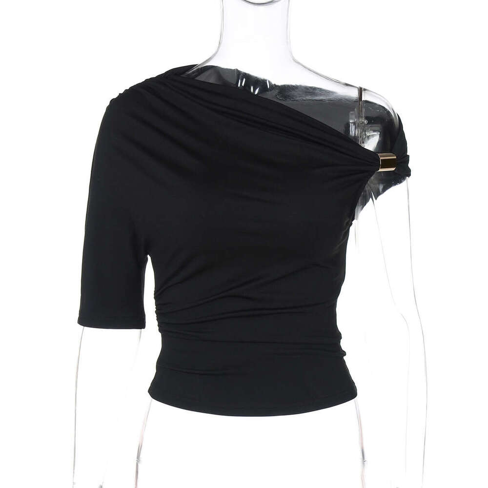 Ins Women's ZR Same Style Solid Color Single Sleeve Off-Shoulder Asymmetric Ruched Crop Tight T-Shirt Top B5