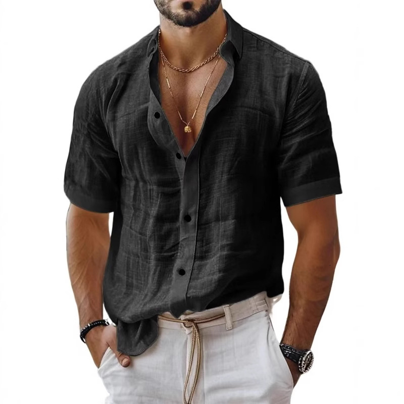Men's designer T-shirt 2025 European and American men's summer new lapel shirt Solid color short-sleeved multi-functional casual cotton and linen shirt