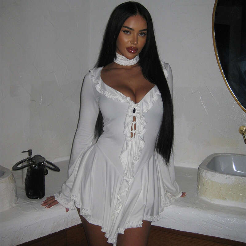 Summer New V-Neck Ruffle Lace V-Hem Flared Sleeve Waist-Cinching Dress B5