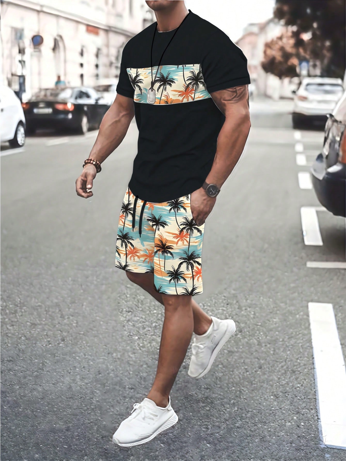 Men's Casual Patchwork Coconut Tree Print Round Neck Short Sleeve T-Shirt And Shorts Set, Summer Vacation Outfits For Men Beach Vacation Outfits