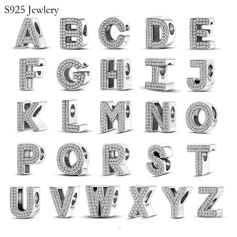 S925 925 Sterling Silver 26 Letters Alphabet Zircon Charms Beads Fit Original Bracelets DIY Jewelry Birthday Gifts