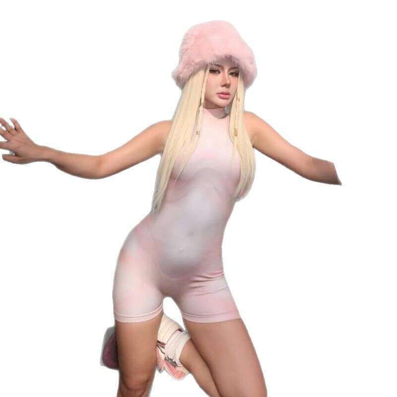 New Sexy Pure Desire Printed High Neck Tight Sleeveless Bodysuit Women Slim Fit Jumpsuit Shorts B5