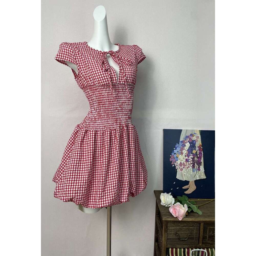 French Red Plaid Hollow Sleeve Summer Yu Shuxin Same Style Waist Slimming Short Dress B5