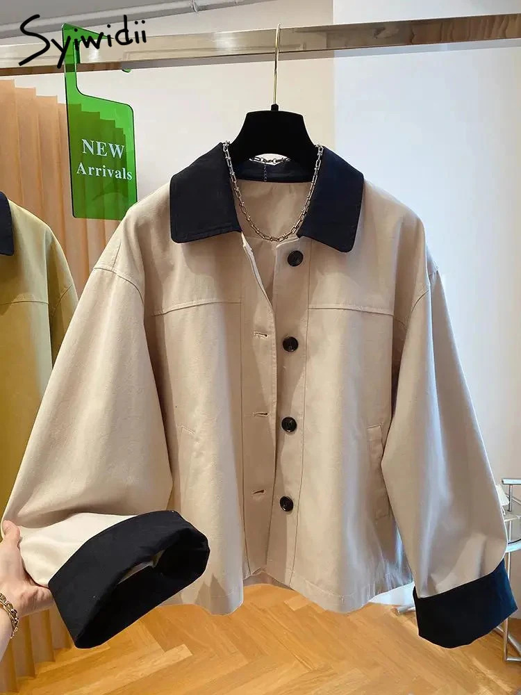 Syiwidii Contrast Color Lapel Jacket Women Casual Loose Long Sleeve Single Breasted Coat 2025 Fashion High Street Jackets 250715