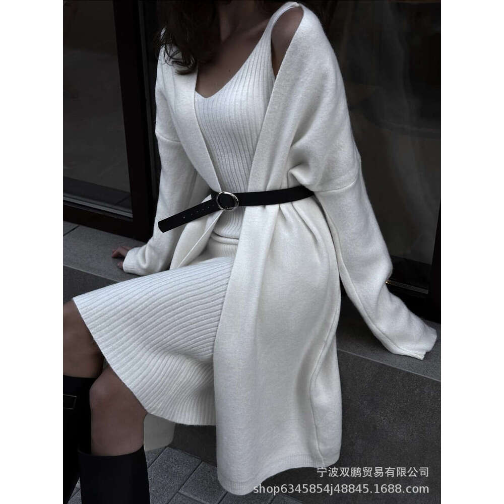 New Solid Color V-Neck Pullover Dress + Sweater Cardigan Elegant Knitted Set B5