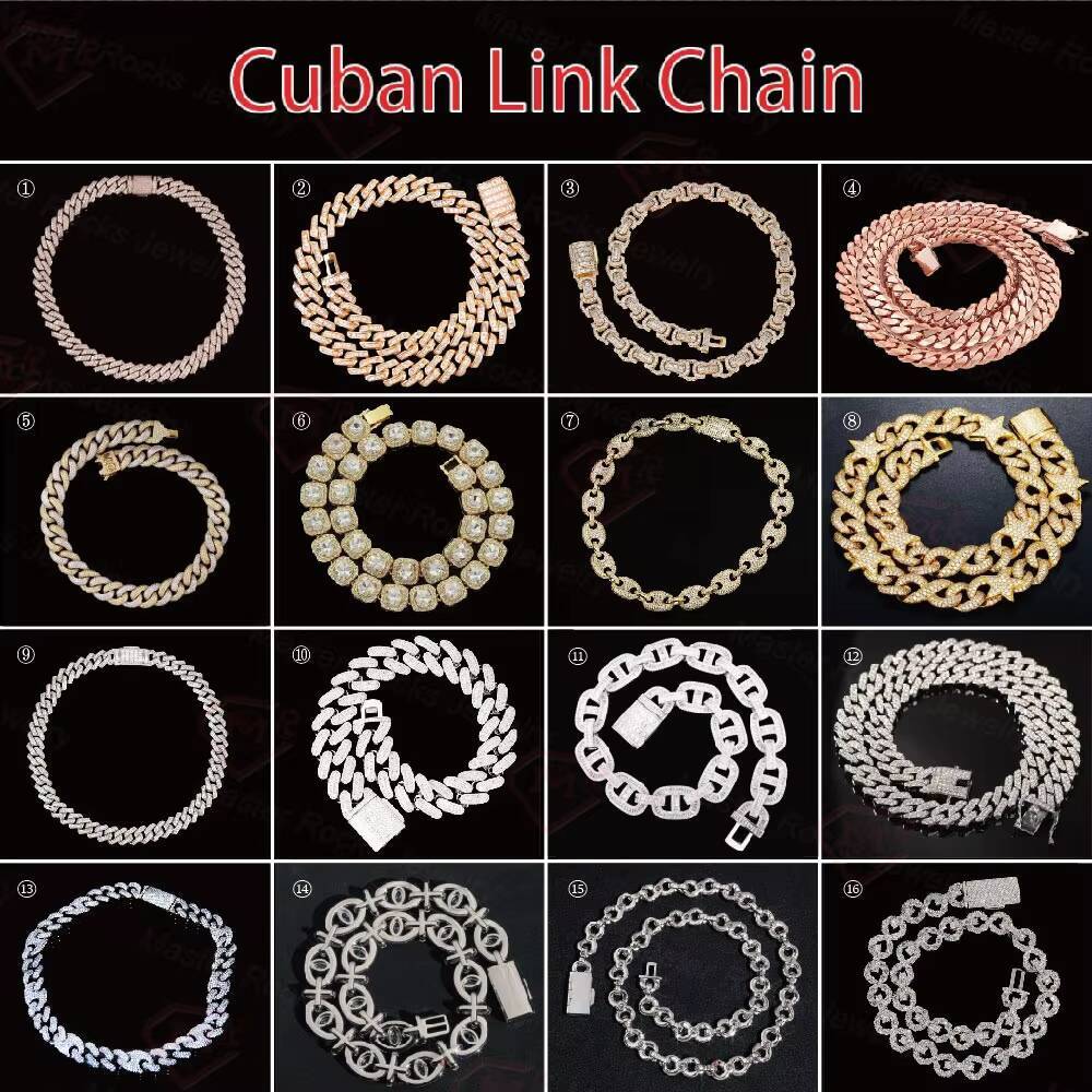 Hiphop Cuban Chain 18mm Iced Out 925 Sterling Silver Straight Edge Baguette Moissanite Cuban Link Chain