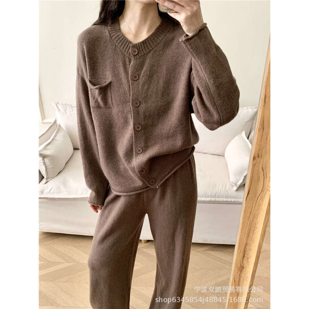 Autumn Winter New Loose Knitted Suit For Women Round Neck Cardigan Sweater + Wide Leg Pants B5