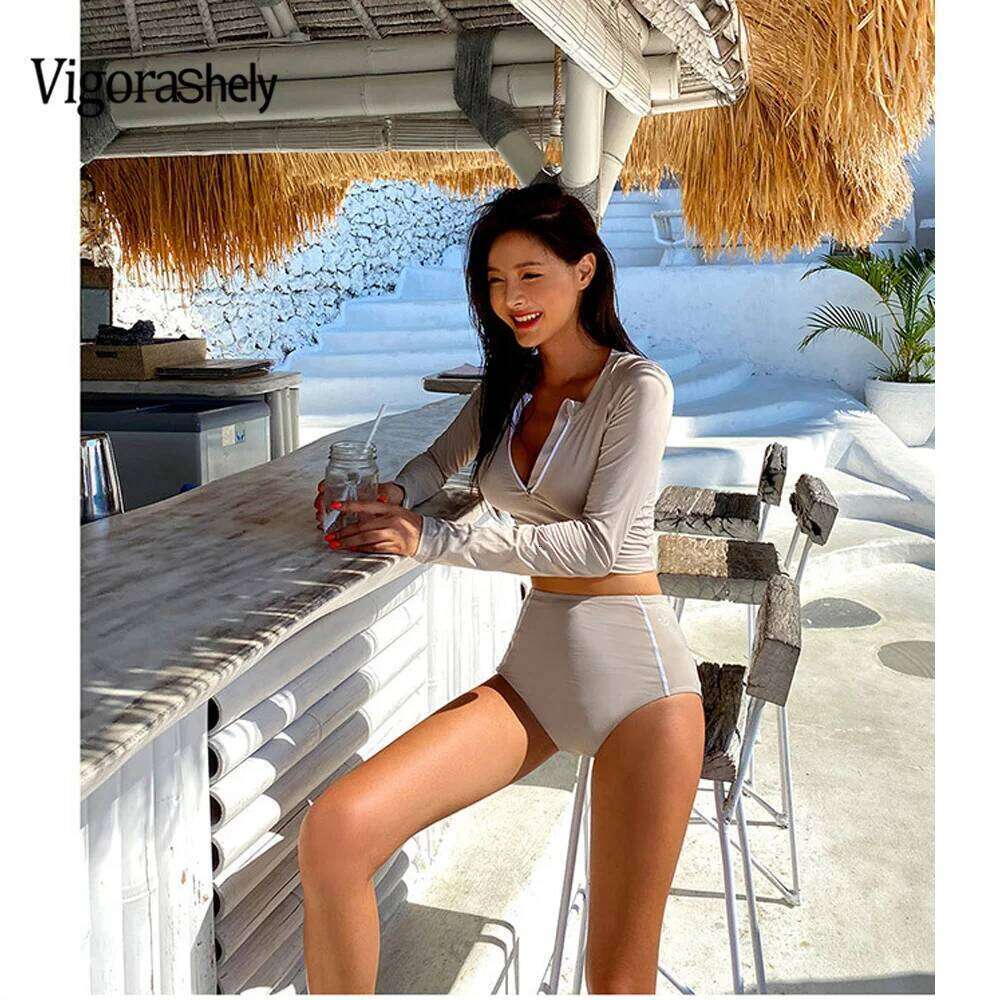 Vigorshely 2024 Sexy Korean Long Sleeve Sports Bikini Set Zipper Swimsuit Push UP Solid Swimwear Women High Waist Bathing Suit