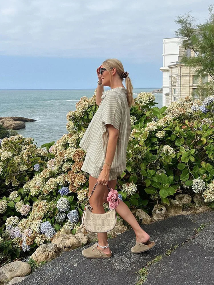 Casual Striped Lace Up Women Shorts Suits Lapel Half Sleeve Single Breasted Shirt Wide Leg 2025 Summer Chic Lady Sets 250714