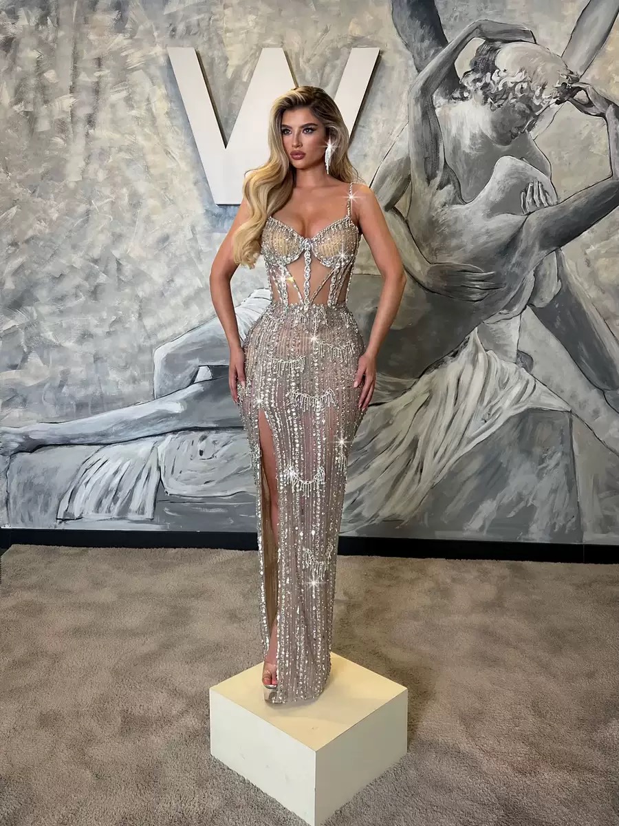 Exquisite Rhinestones Mermaid Evening Gown Elegant Crystal Spaghetti Straps Prom Dress Side Split Party Gown Customized