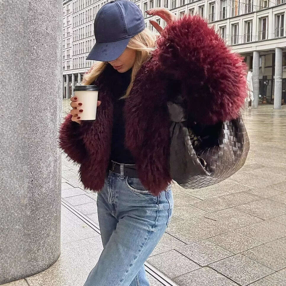 TRAFZA Women's Fashion Autumn Winter New Red Fashionable Versatile Eco-Friendly Faux Fur Short Coat B5