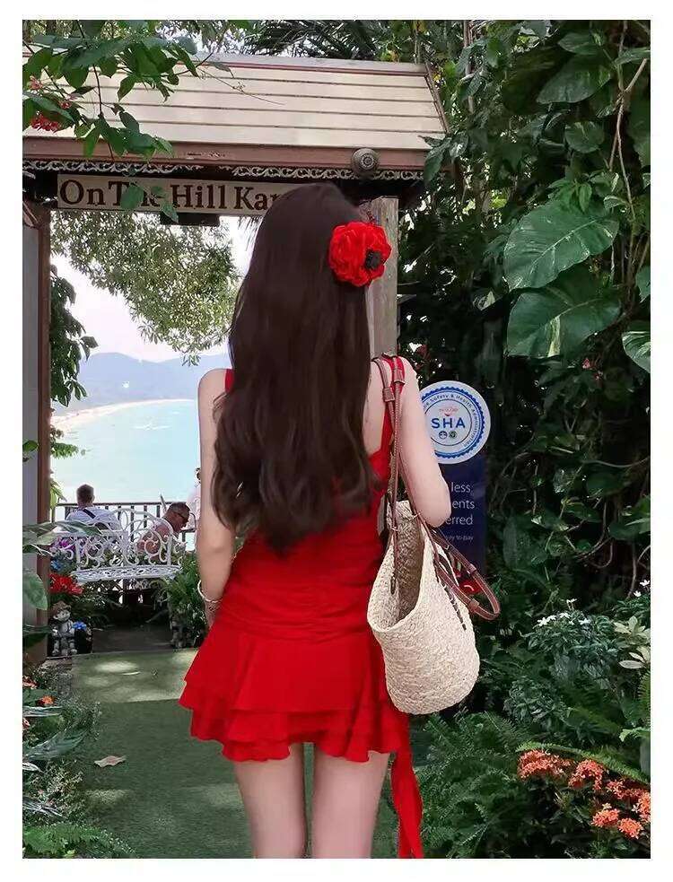 Bright 2025 New Women's Summer White Seaside Vacation Red Dress Hot Spring Swimsuit Bathing Suit Women