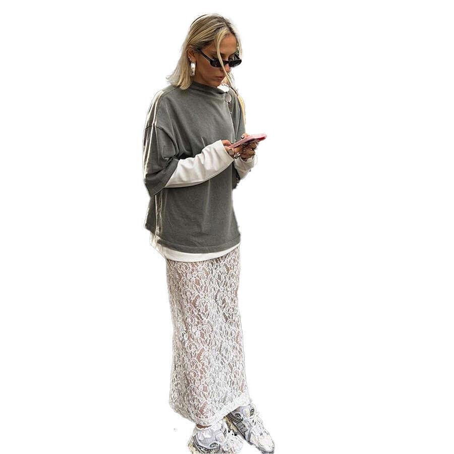 White Summer Street Fashion Jacquard Hollow Back Split Lace Midi Skirt B5