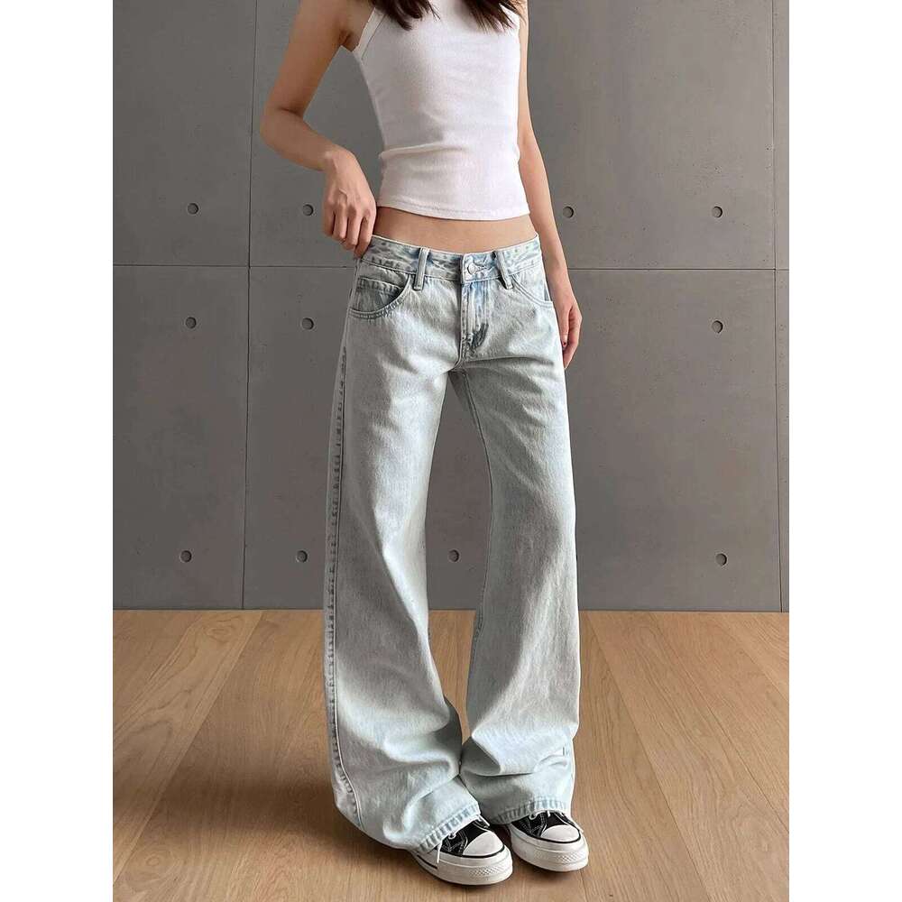 y2k Vintage Women Low Waist Zipper Button Solid Trousers with Pockets Aesthetic Streetwear Washed Jeans
