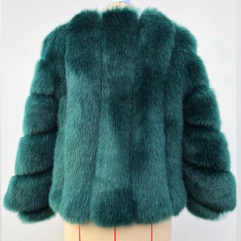 Winter New Fashion Women Short Faux Fox Fur Coat Female Long Sleeve Thick Warm Faux Fur Jacket Green Outerwear