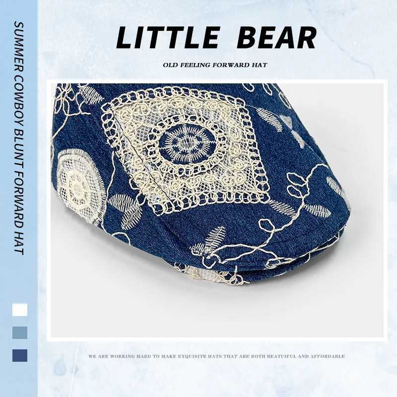 Korean Retro Lace Flower Embroidery Denim Berets Cap Summer Autumn Thin Breathable Versatile Literary Painter Hats for Women L250718