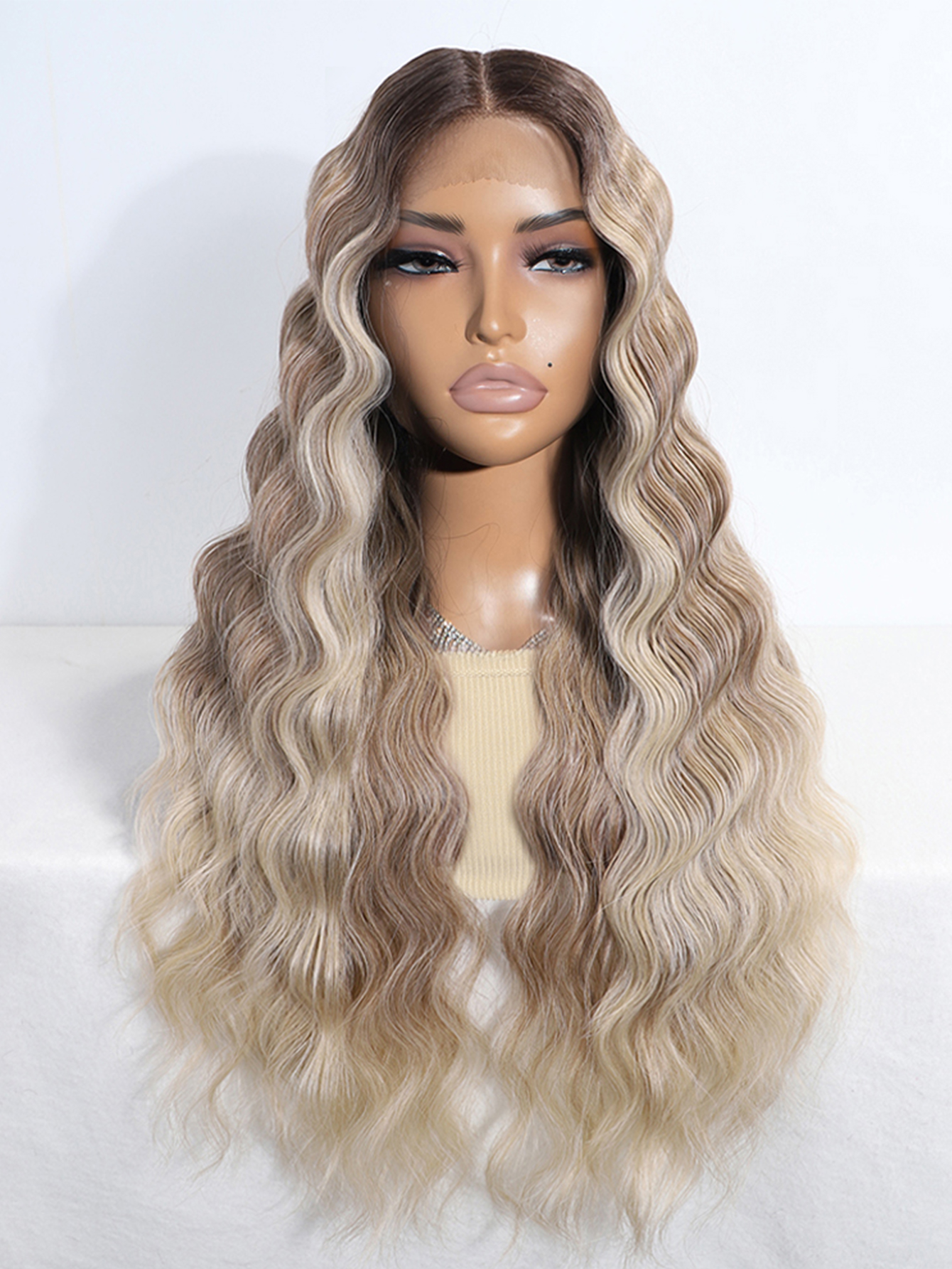 Rebecca Fashion Synthetic Hair 13*4*1 Lace Front Wigs For Women 28 Inch Highlight Honey Brown Body Wave Wig Lace Wig High Temperature Fiber
