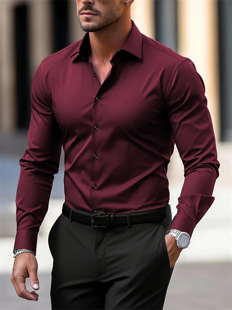 Mens Shirt Business Button Down Summer Solid Color Long Sleeve Lapel Vacation Fashion Temperament Casual Tops 250717