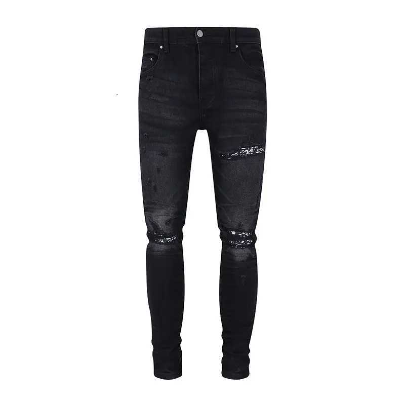Designer Street Fashion Mens Jeans Washed Elastic Slim Fit Perforated Cashew Flower Patch Black Denim High Street Pants H X2507181