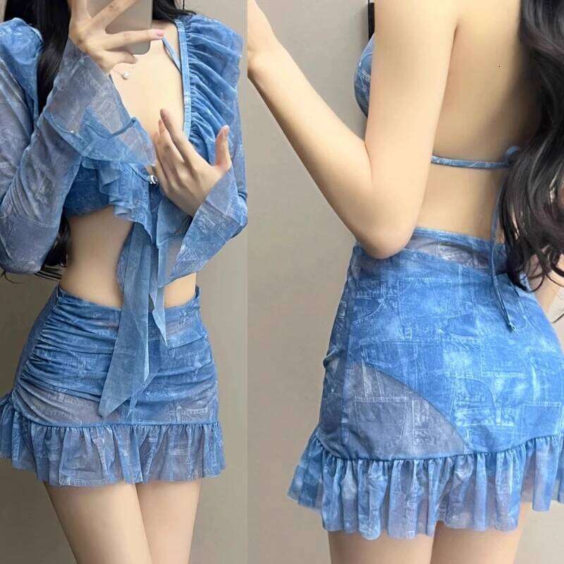 4 Pieces Swimsuit for Women Halters Swimming Long Sleeves Swimwear with Cover Up & Beach Skirt Summer Bathing Suit