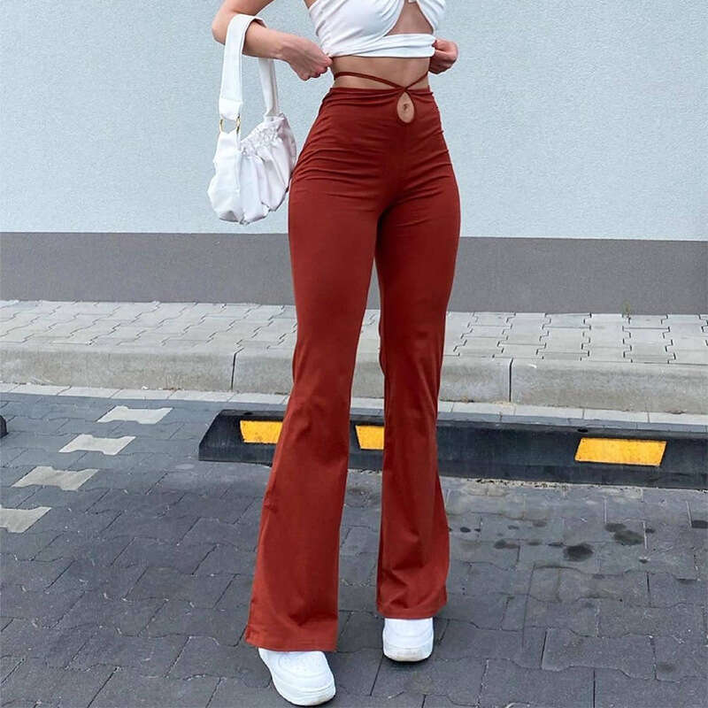Women's Summer New High-Waisted Elastic Tie Solid Color Flared Elegant Commuter Pants B5
