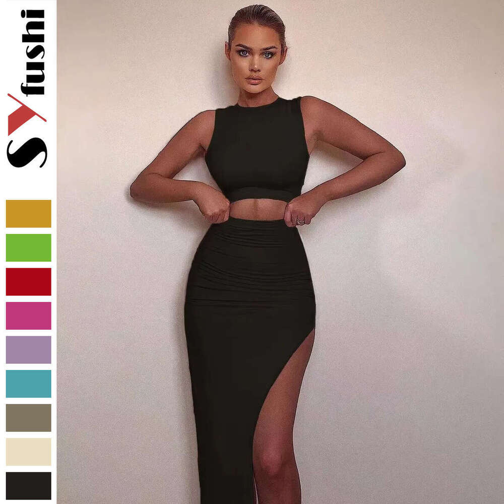 American Summer Women's New Long Dress Round Neck Solid Color Elegant Sexy Bodycon Style Set B5