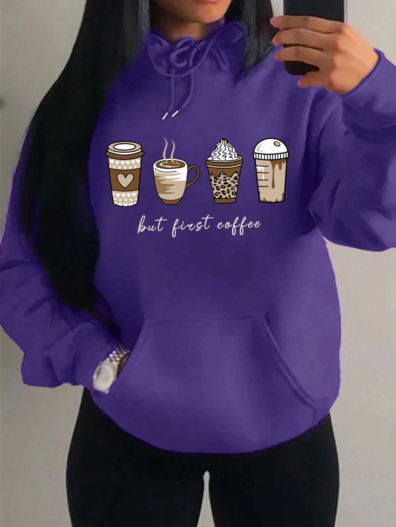 But First Coffee Cartoons Coffee Drinks Pattern Hoodies Fashion Warm Hoody Casual Trendy Sweatshirt Street Women Pullovers XJ250717