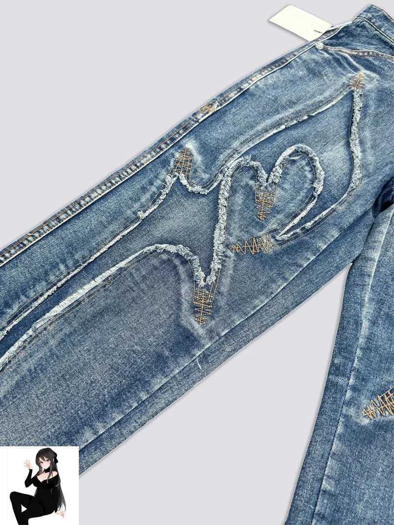 THUG CLUB Embroidery Flame Tassel Jeans Men Women High Quality Splice Moon Star Metal Leather Label Loose Straight Cowboy Pants X250718