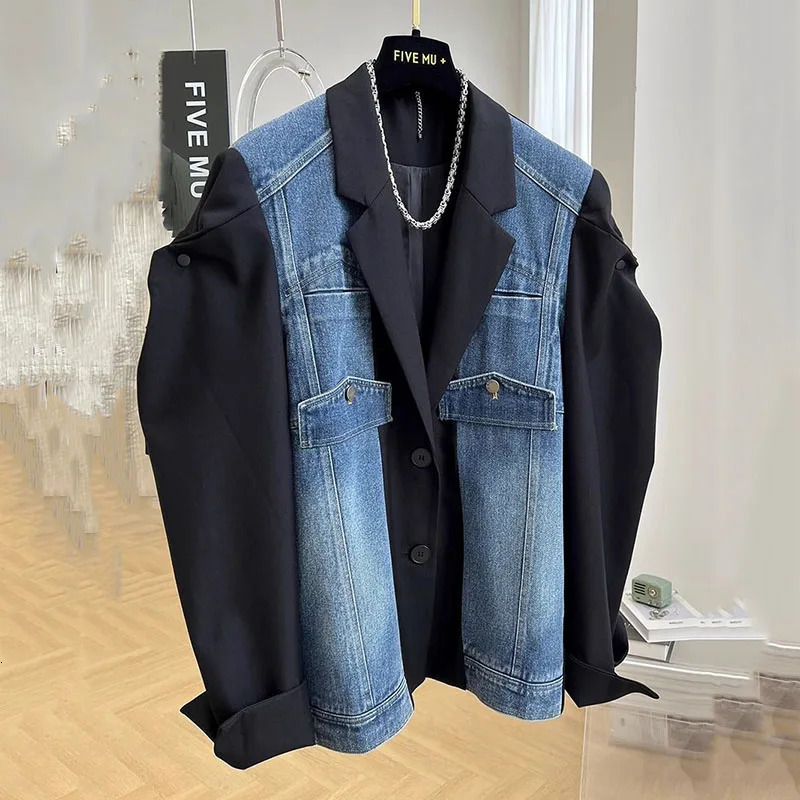 2025 Fashion Spring Autumn Denim Splicing Blazer Womens Korean Long Sleeve Casual Elegant Ladies Suit Female Outerwear Tops 250715